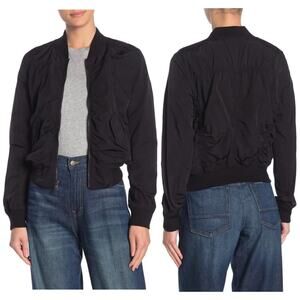 Vince Washed Shrunken Crop Ruched Bomber Jacket Black Size S GUC Pockets Moto
